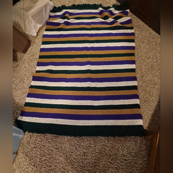 Vintage 70s Striped Crocheted Afghan Blanket with Fringe 61" x 42" Purple Green - Picture 3 of 4
